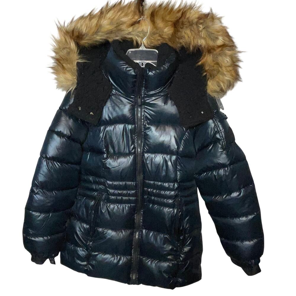 Steve Madden Juniors' Faux-Fur-Trim Hooded Shine Puffer Coat black M $99